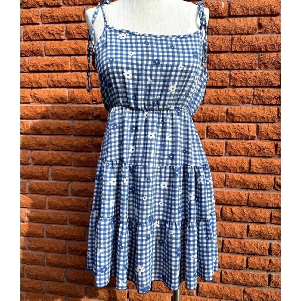 Altar'd State Alaina Mini Ruffle Dress Blue & White Gingham Daisy Flowers Sz XS - Picture 8 of 9